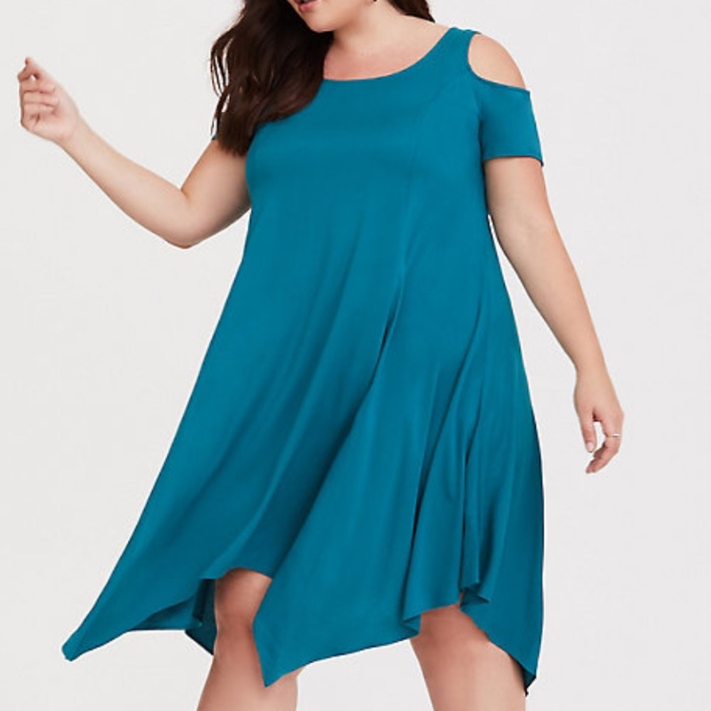 Torrid Aqua Cold Shoulder Handkerchief Dress, NWT